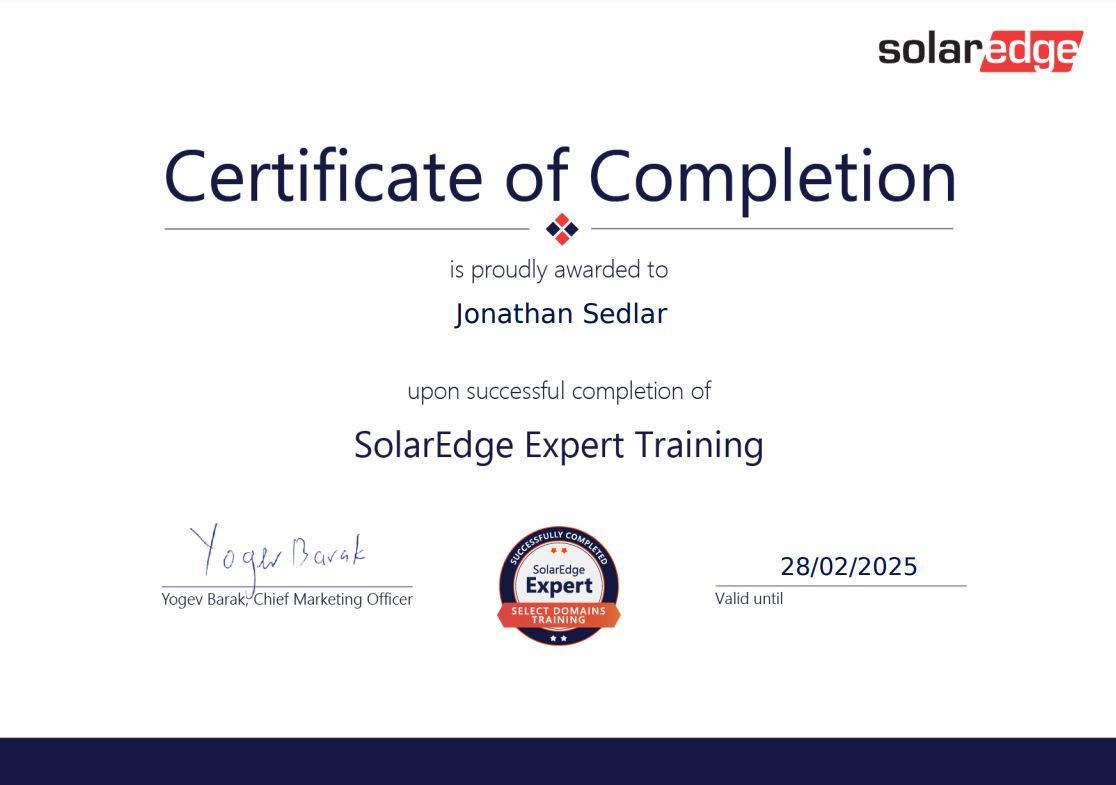 Certificate of Completion Jonathan Sedlar Solaredge Expert Training Blue Marble Solar