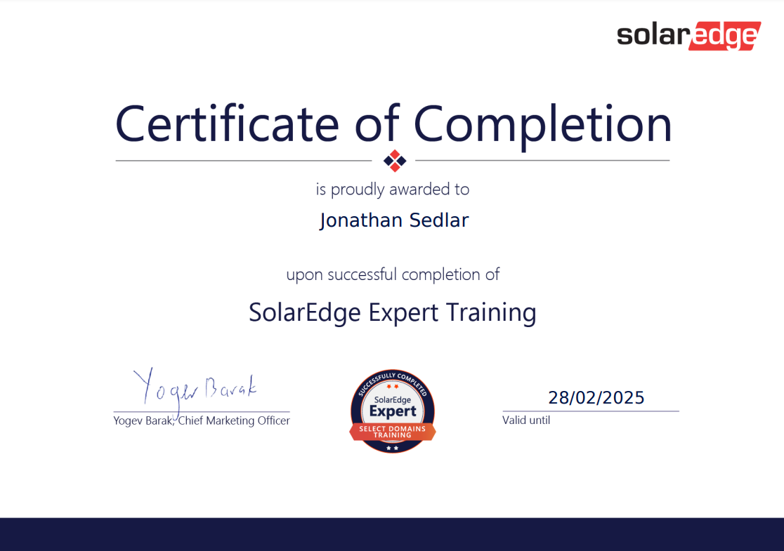 Certificate of Completion
Jonathan Sedlar
Solaredge Expert Training
Blue Marble Solar