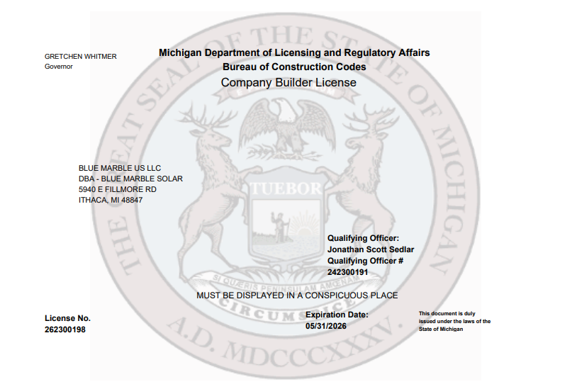 Blue Marble Solar Company Builder License Michigan